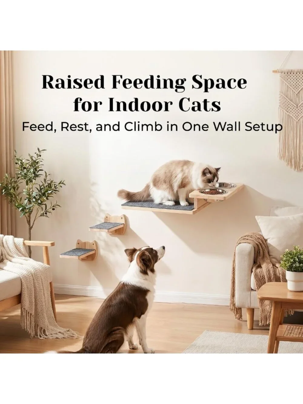 Elevated Cat Feeding Station with 3 Steps & 2 Bowls | Wall-Mounted Pet Shelf